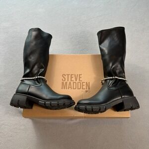 Steve Madden Kids Black Faux Leather Tall Boots 3 Rhinestone Chain Chunky Sole